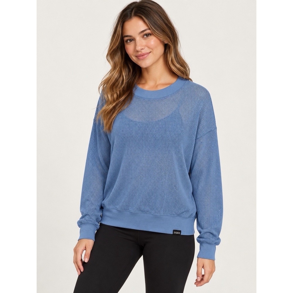 Victorias Secret Pink Blue Mesh Oversized Crewneck Long Sleeve Top XS